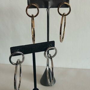 Vintage 2 Pair Gold & Silver Large Double Hoop Earrings